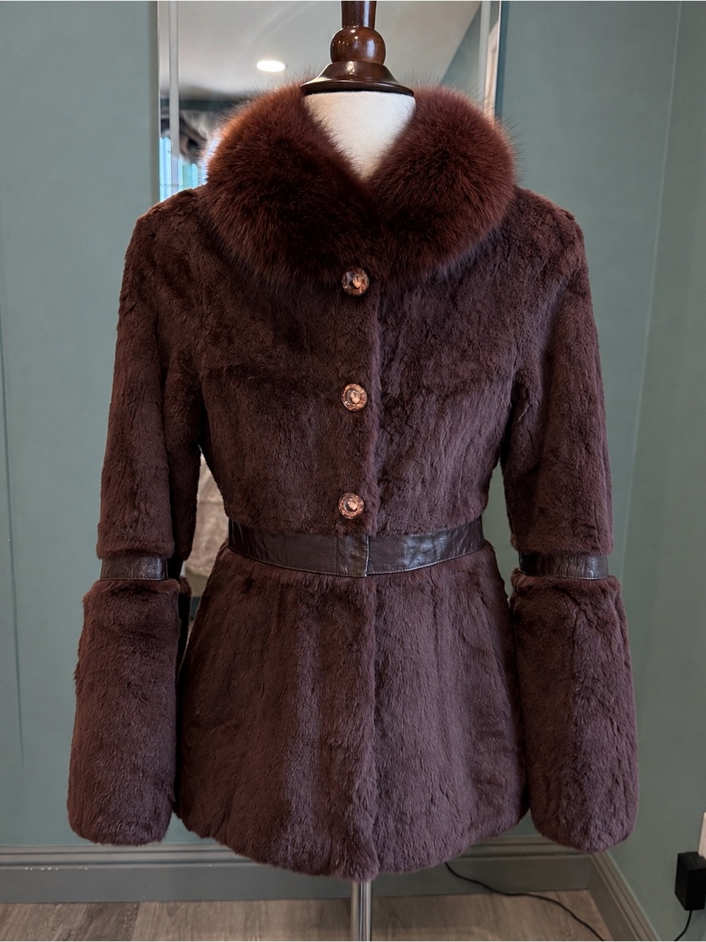 Vintage Brown Rabbit Fur Coat Fox Fur Collar Genuine Leather XS